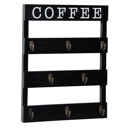 Solid Wood Coffee Mug Holder Wall Mounted, Rustic Cup Rack with 8 Hooks Large Space for Big Cups for Kitchen, Home, Coffee Bar Station (Black)