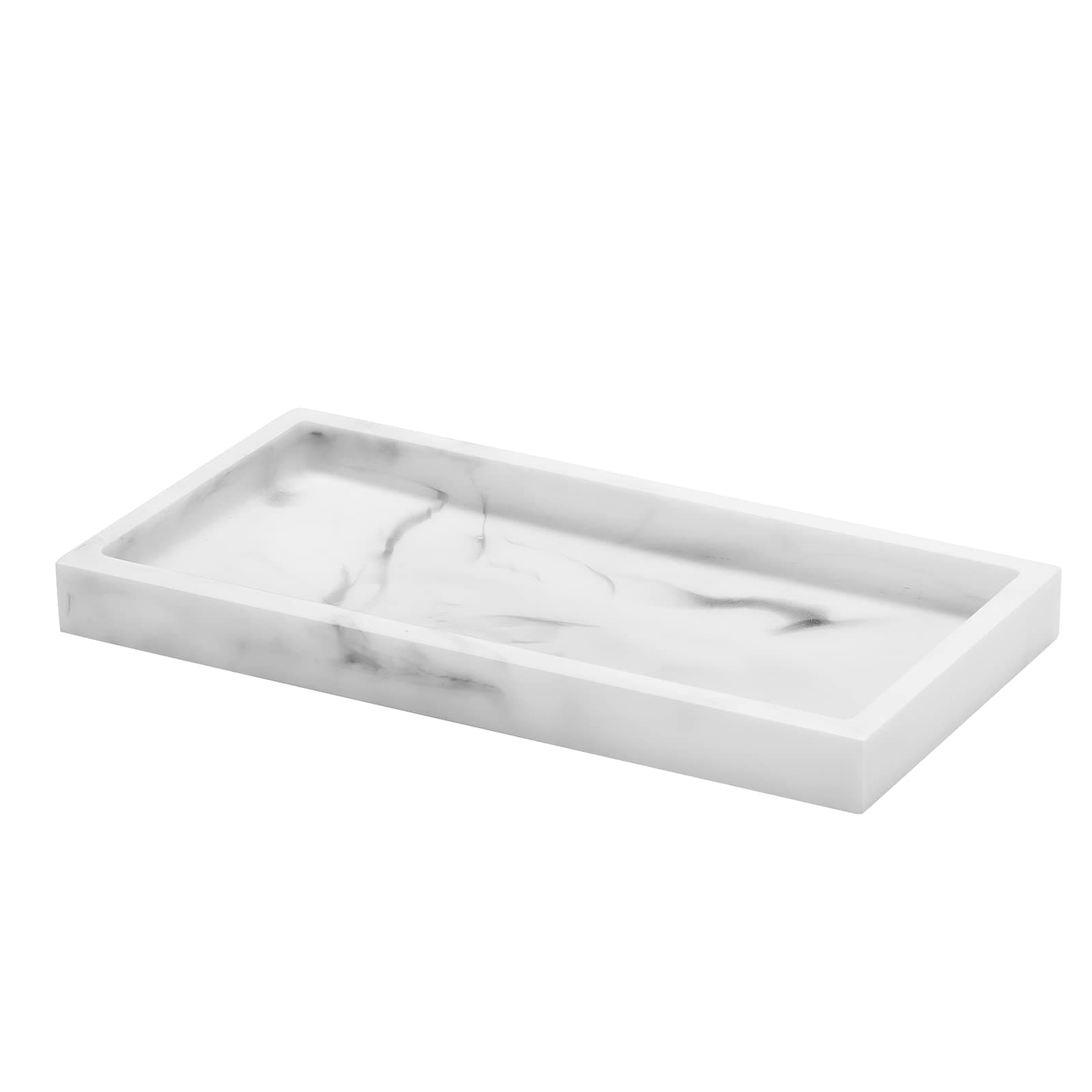 Bathroom Vanity Tray, Resin Dresser Jewelry Ring Dish Tank Storage Kitchen Sink Countertop Organiser Plate Holder for Perfume Candles Soap Towel Plant Bathroom Accessories, Mini, White Marble
