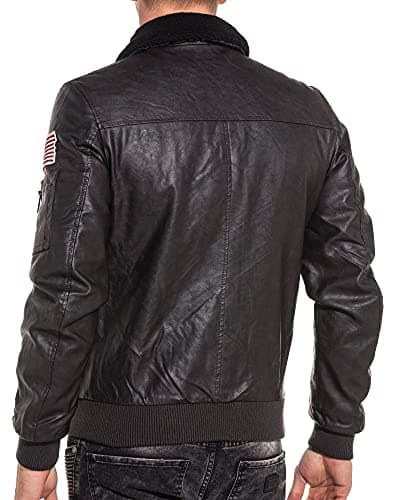 Leather Effect Bomber Jacket with Leather Collar