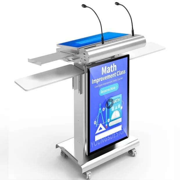Smart Digital Podiums 23.6" Multi-Point Control Panel, Smart Podium with 32" LCD Display Screen, Electronic Podiums Height Adjustable ±150mm, Support HDMI, Two Wired Mic