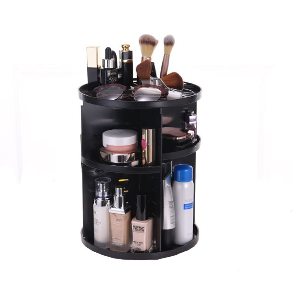 Makeup Organizer 360 Degree Rotating Cosmetics Storage Box Multi-Function Makeup Holder with DIY Adjustable Tray - Larger Capacity - Fits for Lots of Cosmetics and Accessories (Black)