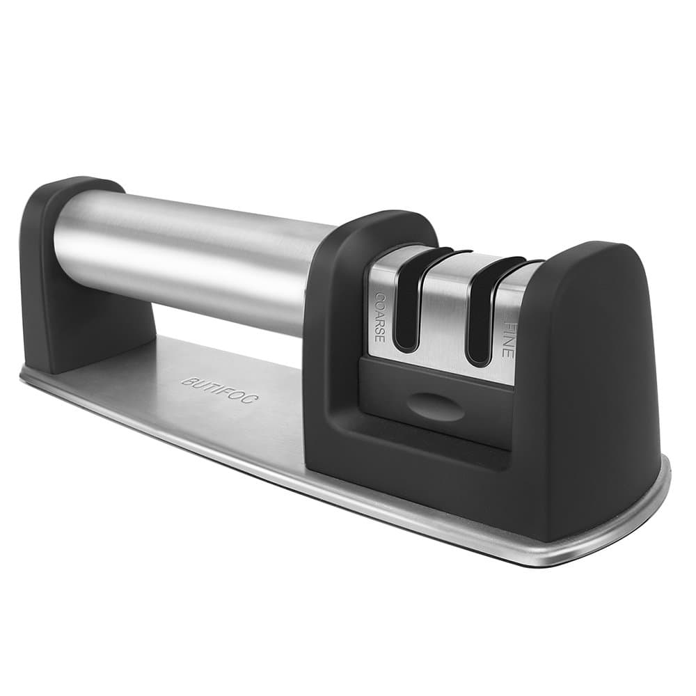 Premium Chef Kitchen Knife Sharpener, 2 Stage Knife Sharpening System - Tungsten Carbide and Ceramic Rod, Safe Non-slip Base, Chefs Kitchen Tools, for Stainless Steel and Ceramic Knives