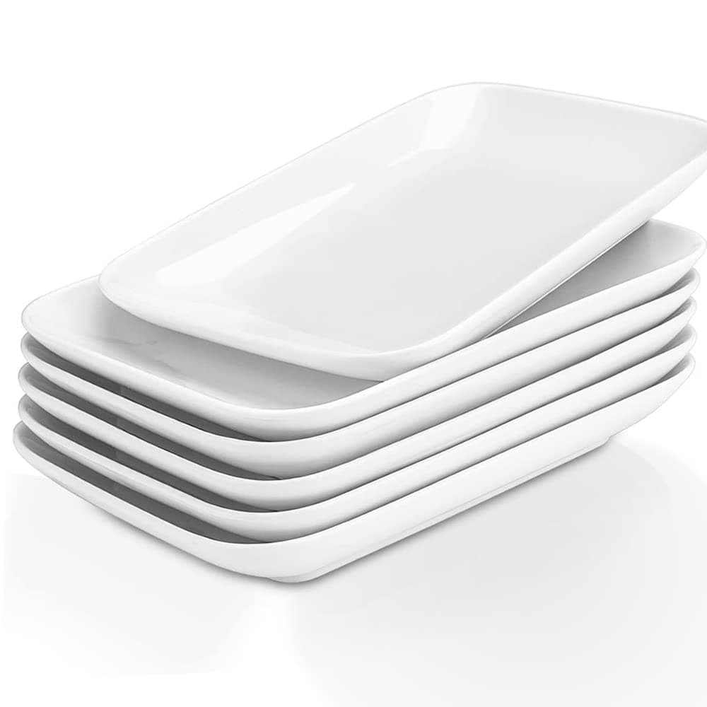 8 in Ultralight Rectangular Dessert/Salad Plates, Ceramic Small Serving Dishes for Fruit, Salad,Sushi Appetizer and More - Plate Set of 6, White