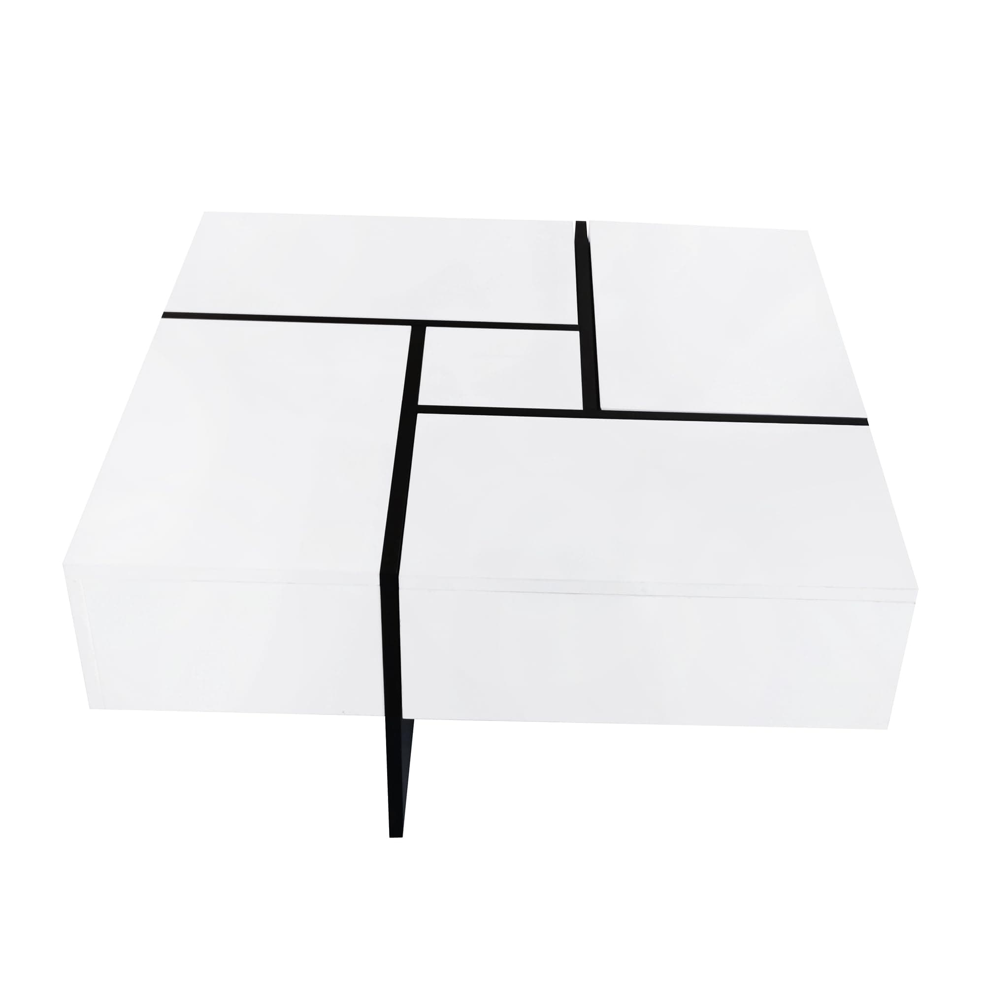 Puzzle Design Coffee Table with 4 Hidden Storage Compartments Square Cocktail Table with Extendable Sliding Tabletop UV High-Gloss Design Center Table for Living Room White