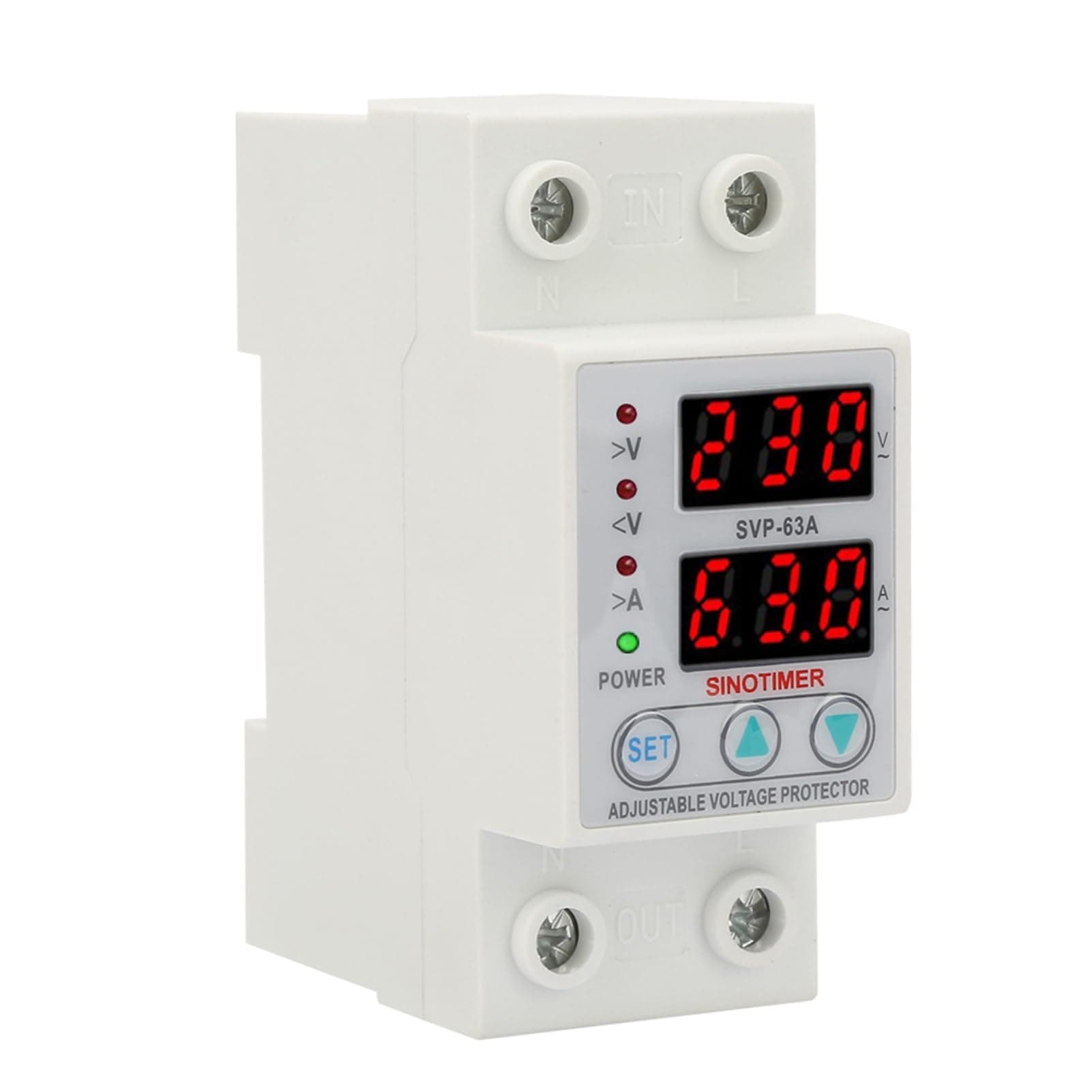 AC230V 63A Voltage Current Protector Over/Under Voltage Device Double LED Display Single Phase Low Voltage DIN Rail Installation