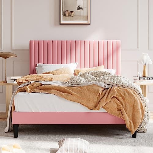 SHA CERLIN Queen Upholstered Platform Bed Frame with Adjustable Headboard/Vertical Channel Tufted Velvet Fabric/Wooden Slats Support/Mattress Foundation/Box Spring Optional/Pink