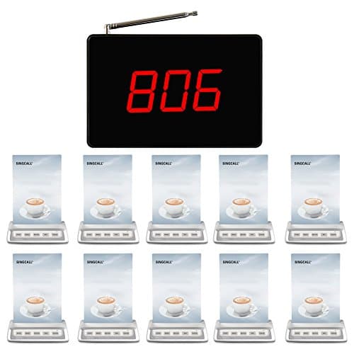 SINGCALL Wireless Calling System, for Restaurant Cafe Pub, Five-Button Pager, Pack of 10 Pagers and 1 Receiver