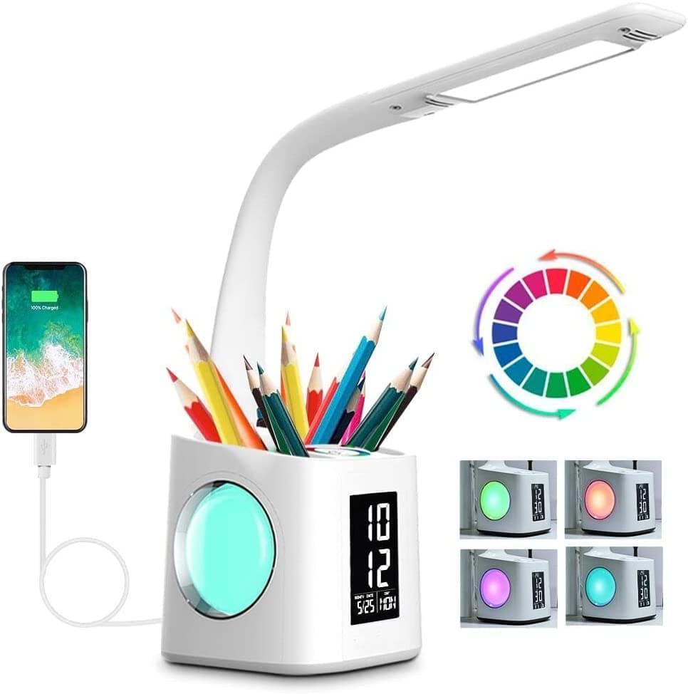 7-in-1 Study Desk Lamp with USB Charging, Screen, Calendar, Color Night Light, Kids LED Table Lamp with Pen Holder, Clock, Reading Light, 10W