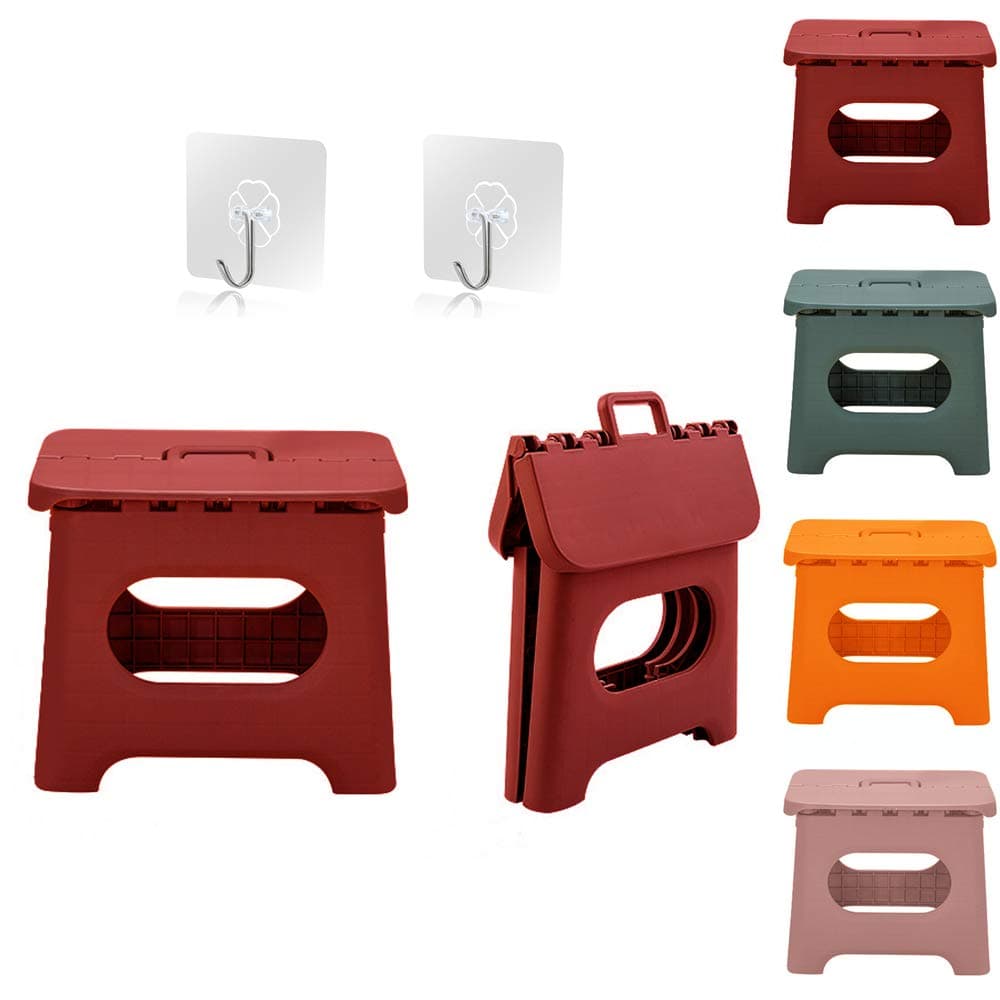 QILESUNNY Upgrade Version Kids' Step Stools,Folding Step Stool with Handle,Portable Collapsible Small Plastic Foot Stool for Kids - Use in The Kitchen, Bathroom and Bedroom,Picnic (red)