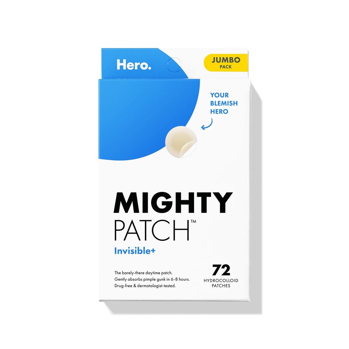 Mighty Patch Hero Cosmetics Invisible+ Patch – The Barely-There Daytime Hydrocolloid Acne Pimple Patch for Covering Zits and Blemishes, Tapered Edges Designed to Blend Into Skin (72ct)