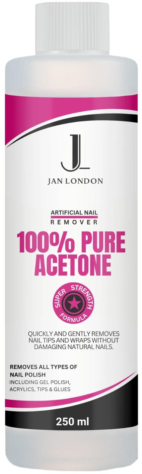 JAN LONDON 100% Pure Acetone Nail Polish Remover for UV/LED Gel, Acrylic Nails, and Nail Varnish Soak Off – Professional Strength, Fast-Acting Formula, 250ml