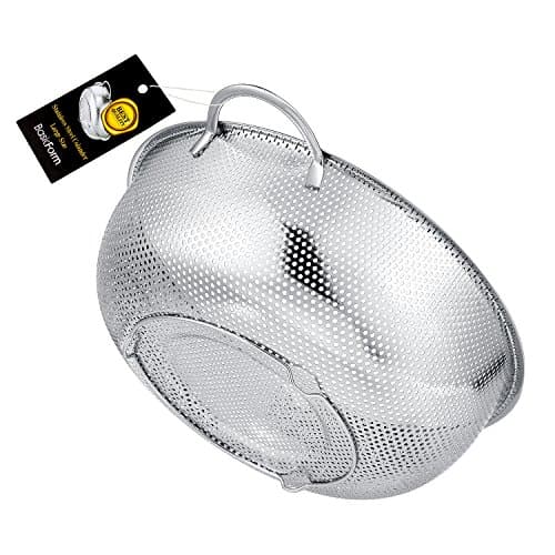 BasicForm Large Size Stainless Steel Mesh Micro-Perforated Colander, Strainer with Heat Resistant Easy Grip Handle & Sturdy Base