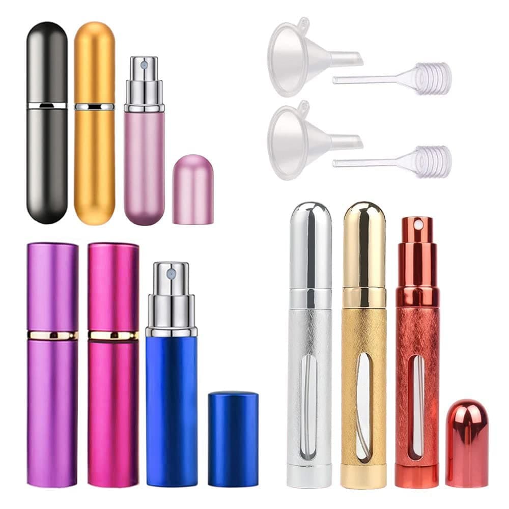 HOSTK 9PCS Portable Mini Refillable Perfume Atomizer Bottle, Scent Pump Case, Empty Spray Bottle with Funnel Pump and Pipette for Travel(5ml 10ml 12ml Three Each, Random Color)