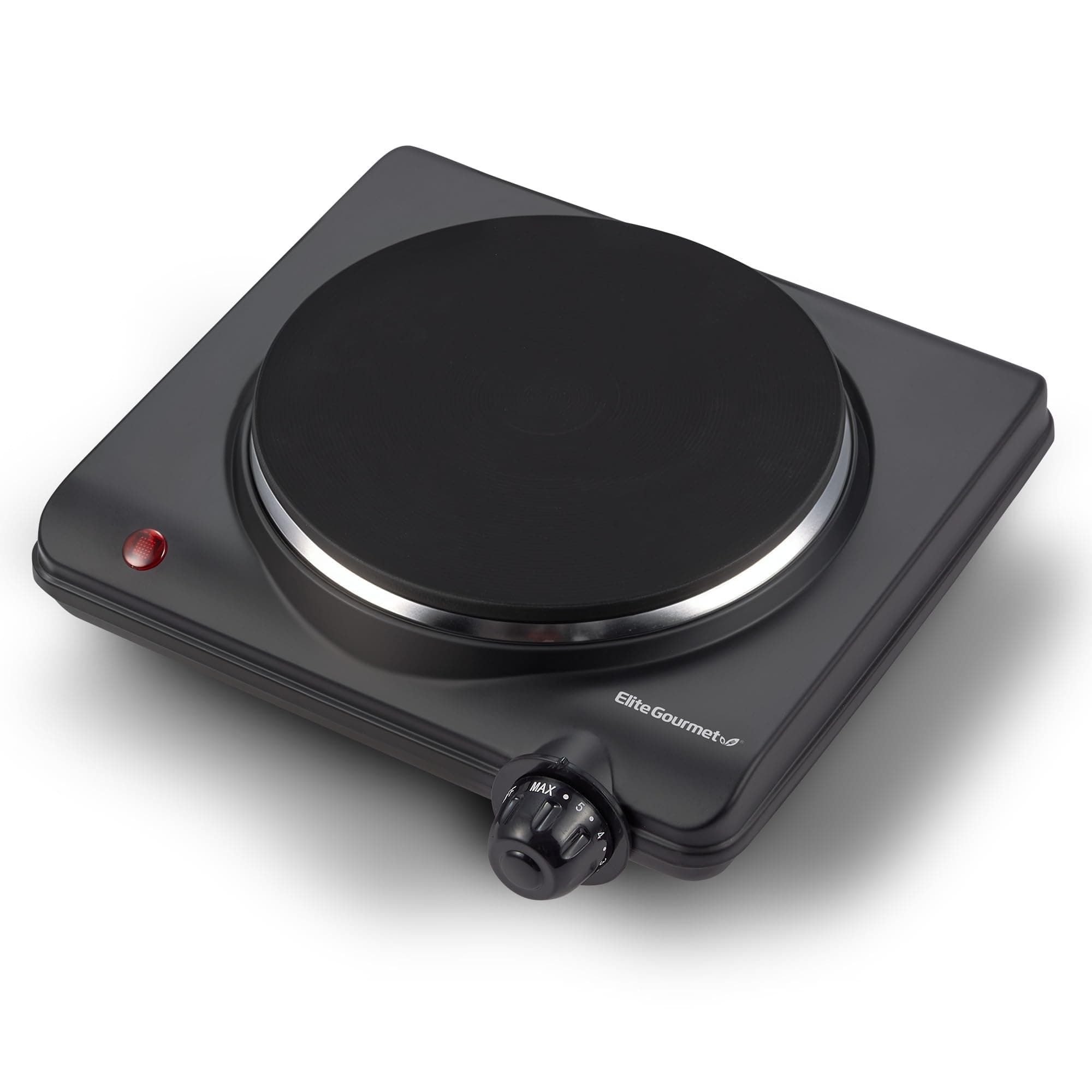 Elite Gourmet Countertop Electric Burner, 1000W Cast Iron Hot Plate, 7 Heat Settings, Portable Cooktop for RV, Dorm, Office & Small Kitchens, Road-Ready & Compact