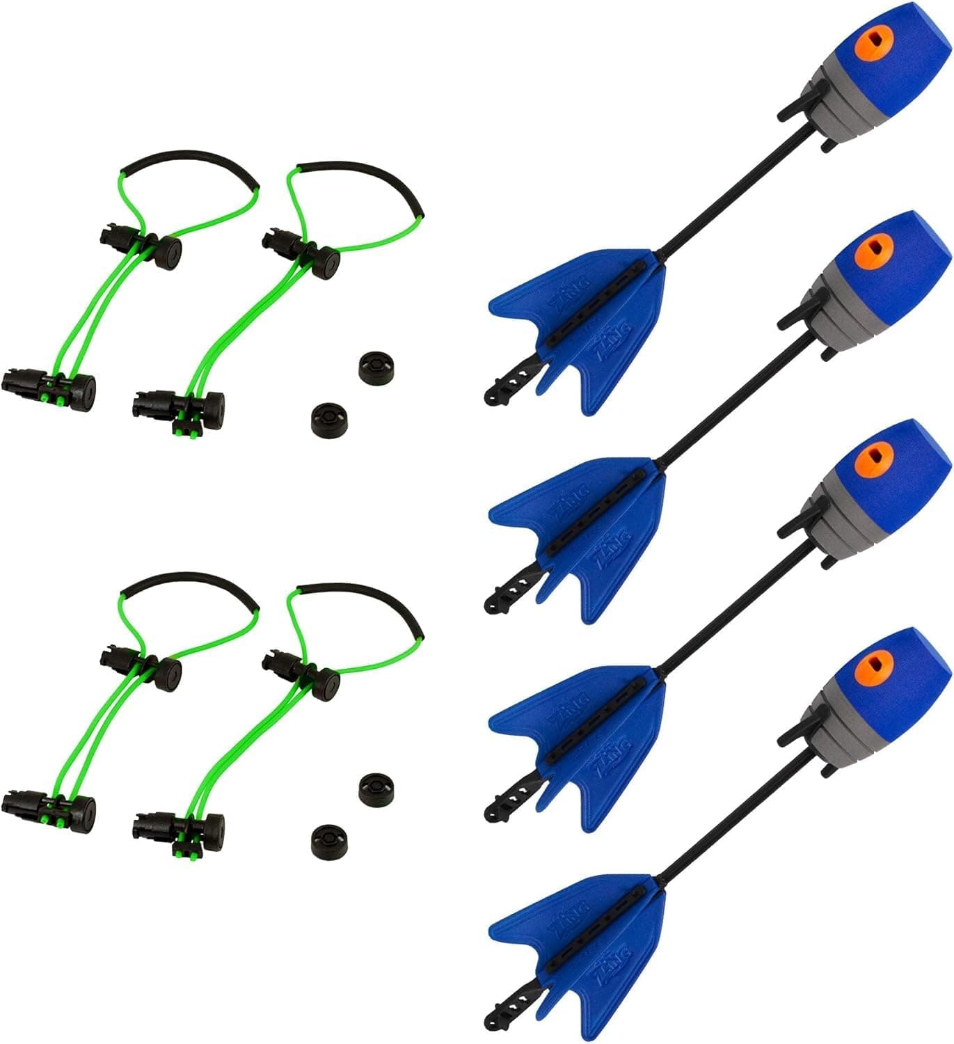 Zing HyperStrike Bow Bungee Replacement & Arrow Refill Pack - Includes 2 Green Hyper Strike Bungee Sets and 4 Blue Zonic Whistle Arrows, Fire Up to 250 Feet (Blue Arrow + Green Bungee)