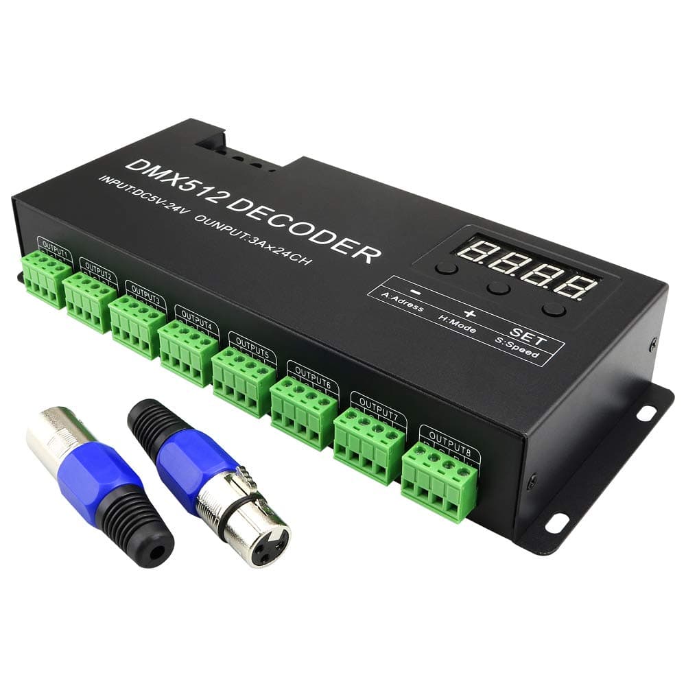 AKEPO LED DMX 24CH Digital Display Decoder, Dimming Driver LED DMX512 Controller for RGB Strip Light DC5-24V 3A/CH (24 Channel with Display)