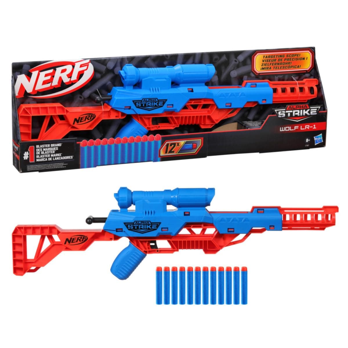 - Nerf Alpha Strike Wolf LR-1 Blaster with Targeting Scope, 12 Nerf Darts, Toys for Kids Teens and Adults, Fun Gift Toy for Boys, Birthday Gift Toy for Kids Ages 8+
