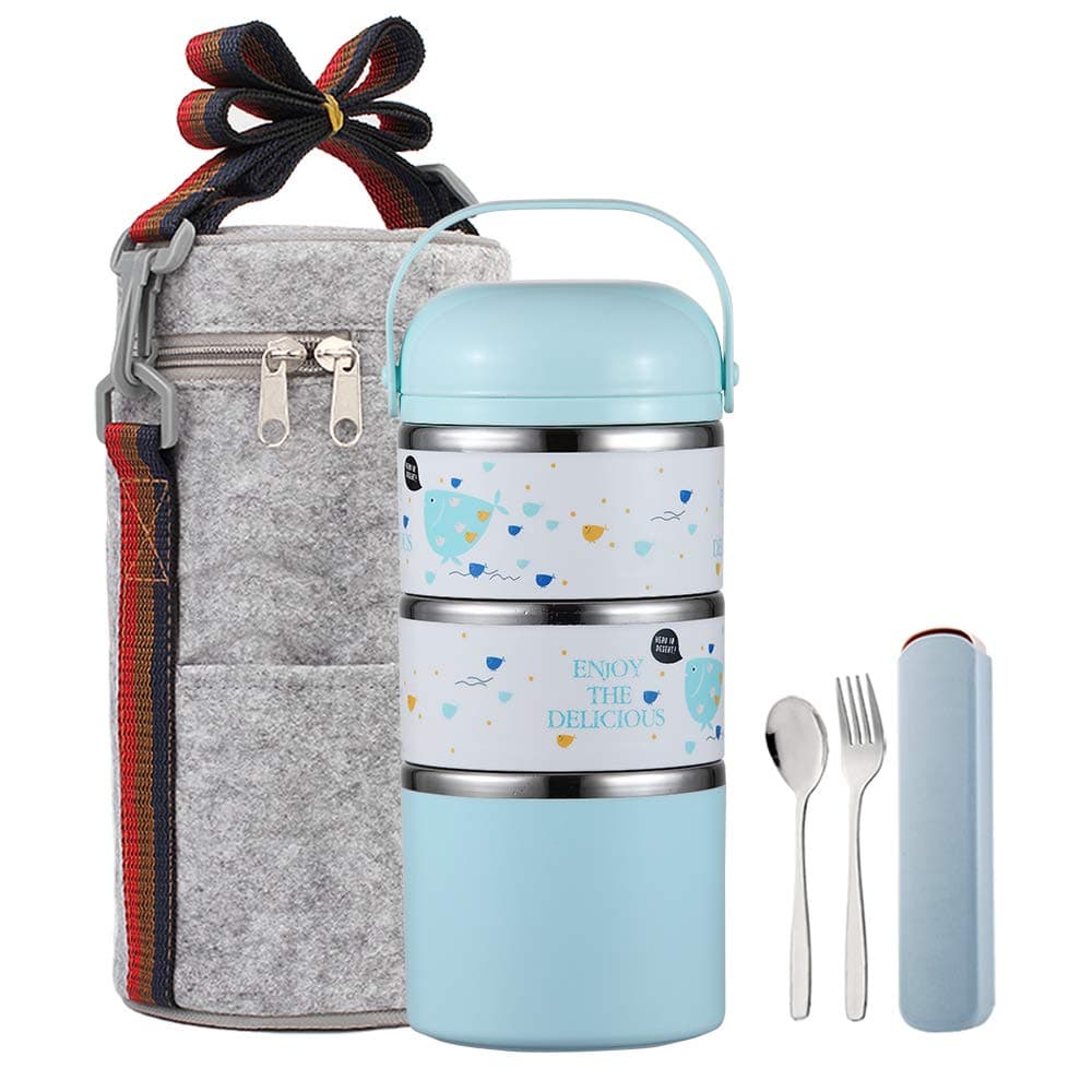 YBOBK HOME Cute Bento Lunch Box with Flatware Set Stackable Lunch Box Stainless Steel Lunch Box Leak Proof Bento Box Insulated Reusable Meal Prep Container for Kids and Adults (3-Layer, Blue)