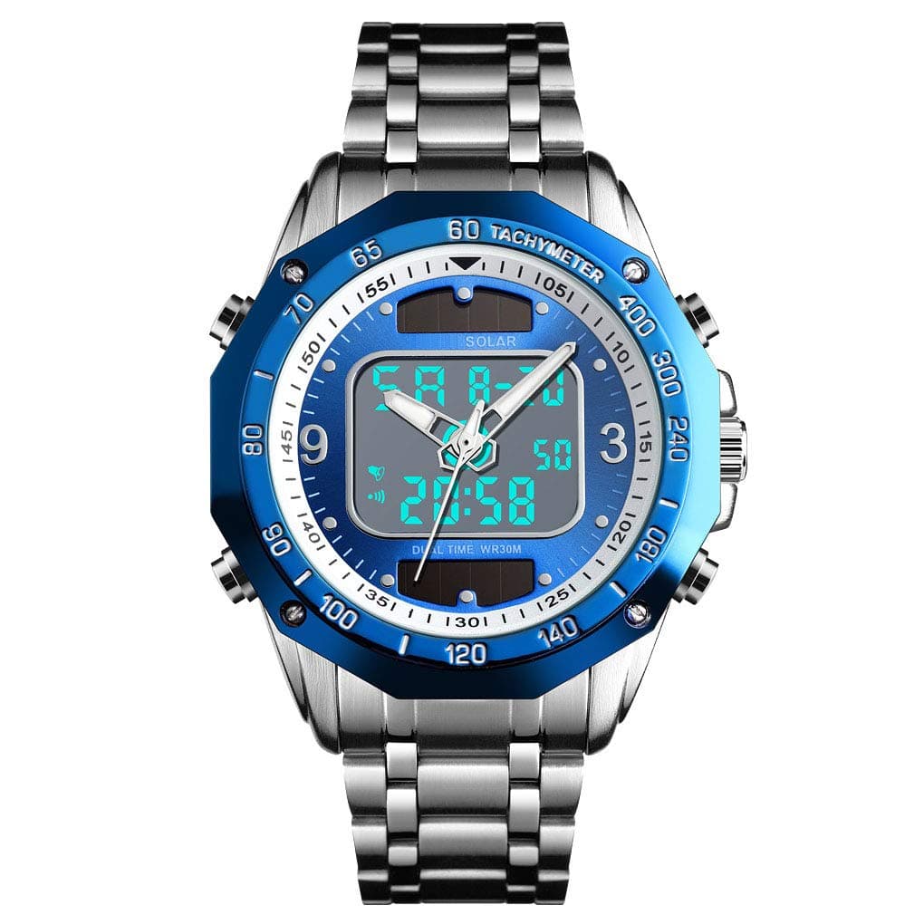 Men's Solar Powered Quartz Stainless Steel Analog Digital Wrist Watch for Men