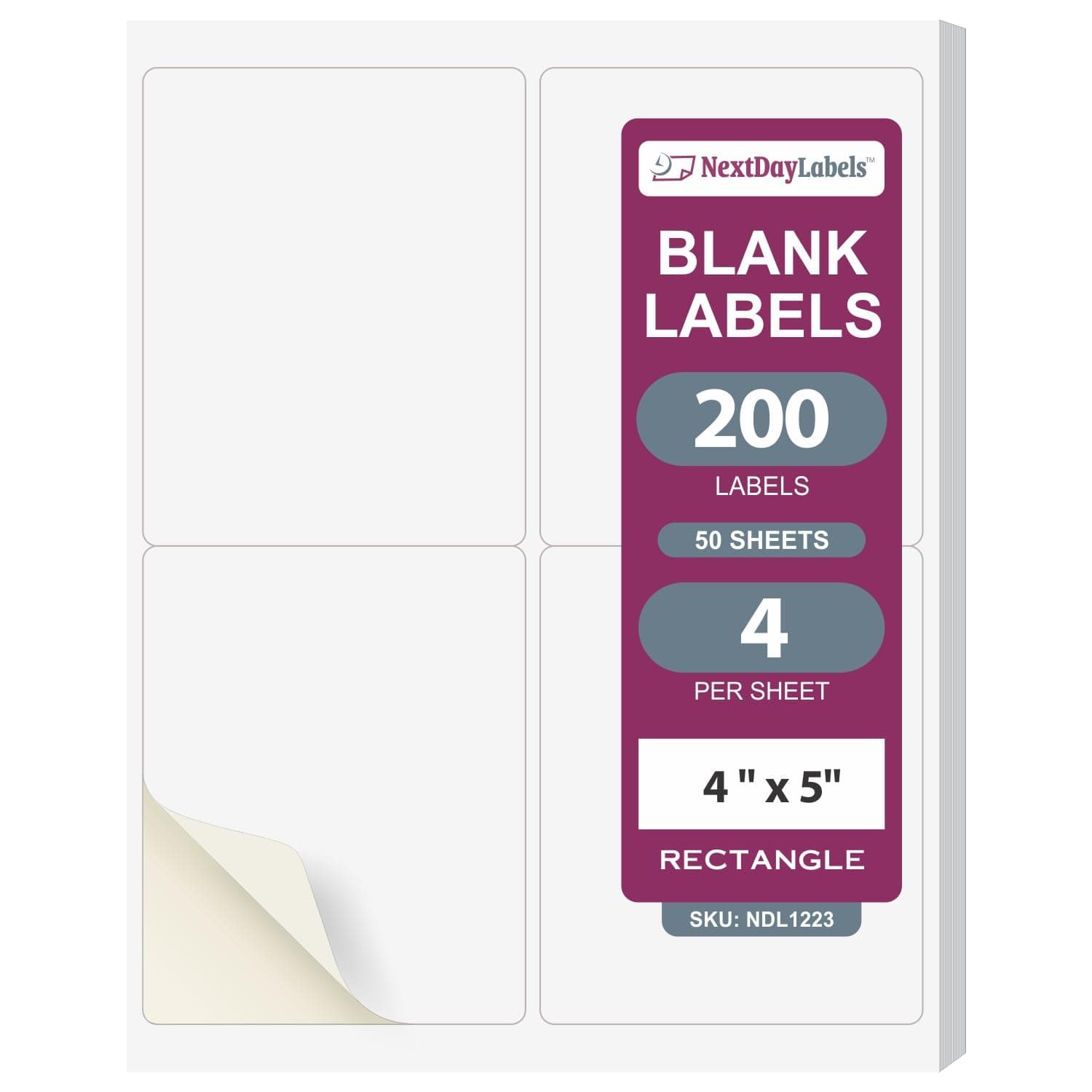 NextDayLabels – 4” x 5” Rectangular Sticker Labels for Printer - White Laser/Inkjet Printer Labels Return Address Labels Shipping Label Stickers (50 Sheets, 4 Per Sheet, 200 Labels)