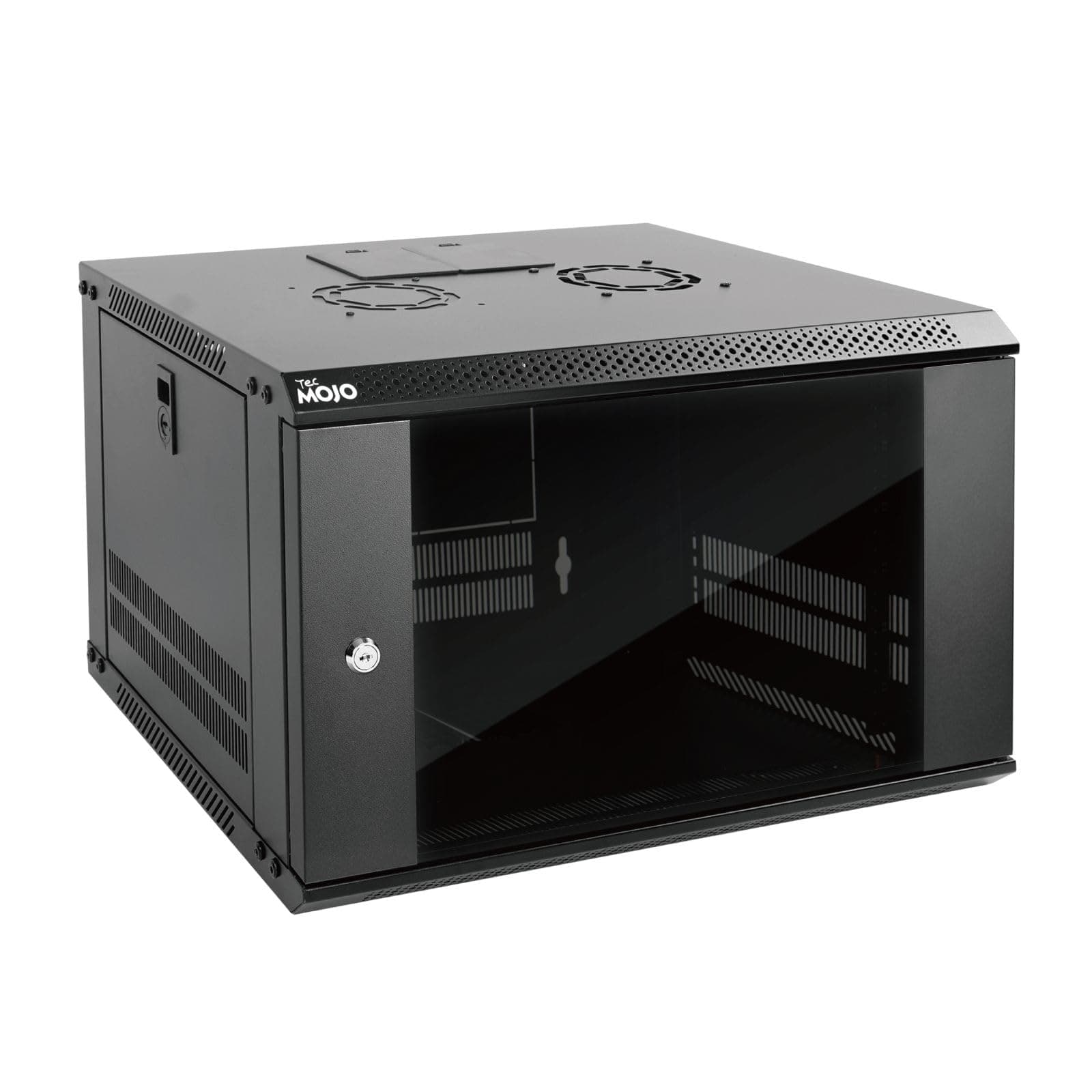 Tecmojo 6U Wall Mount Server Cabinet IT Network Rack Enclosure Lockable Door and Side Panels Black, Cooling Fan, Standard Glass Door, 450mm Depth, for 19” IT Equipment, A/V Devices