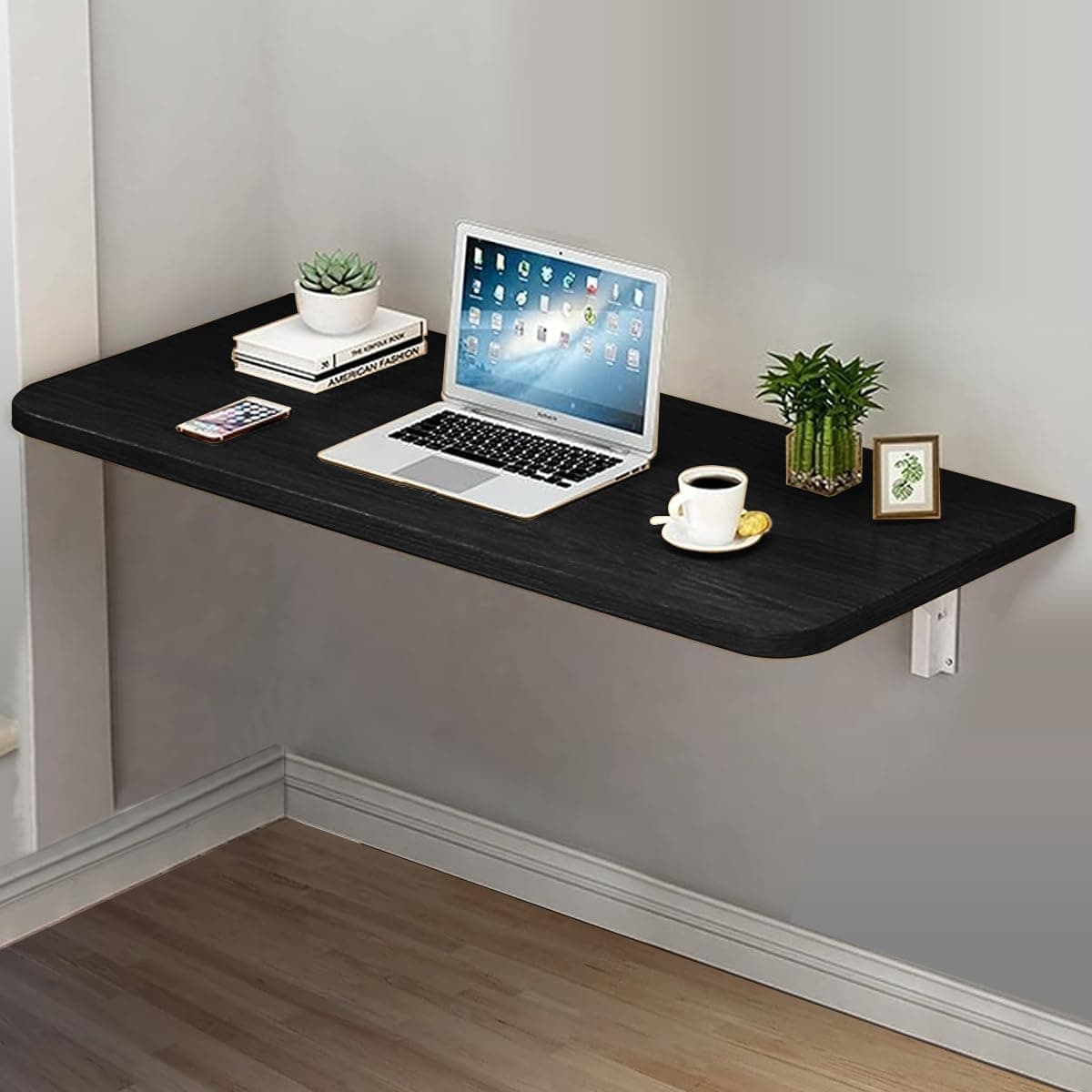 VITION Computer Wall Mount Stand Folding Wall-Mounted Drop-Leaf Table,Metal Folding Shelf Bench Table Bracket (Black, 40 X 80 cm)