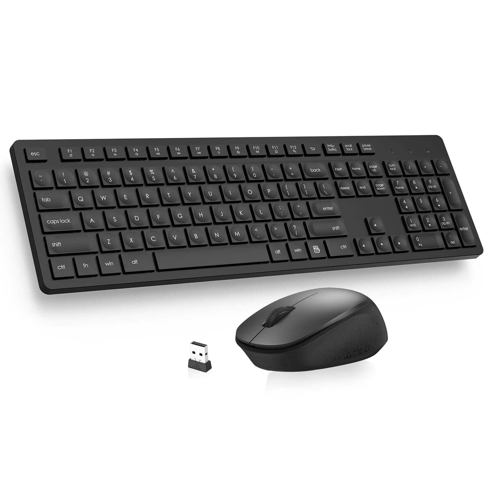 Wireless Keyboard and Mouse Combo, Full-Sized Ergonomic Computer Keyboard, 2.4GHz Cordless Keyboard Silent Mouse Set with 2-in-1 USB Receiver, 12 FN Shortcuts for Windows Laptop, PC/Mac-Black