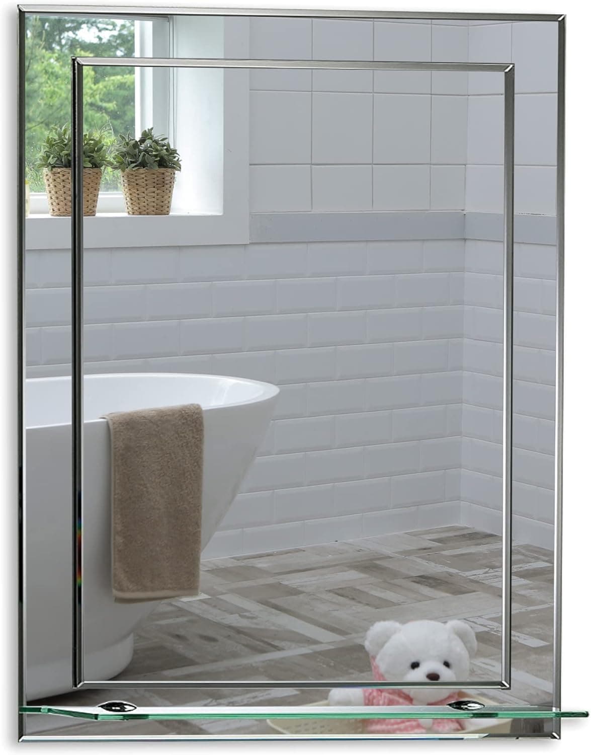 Neue Design Mood® Premium Rectangular Bathroom Mirror with Shelf, Wall Mounted Bevelled Frameless Mirrors, Double Layer of Glass, Toilet Bedroom Hallway, (70cm x 50cm)