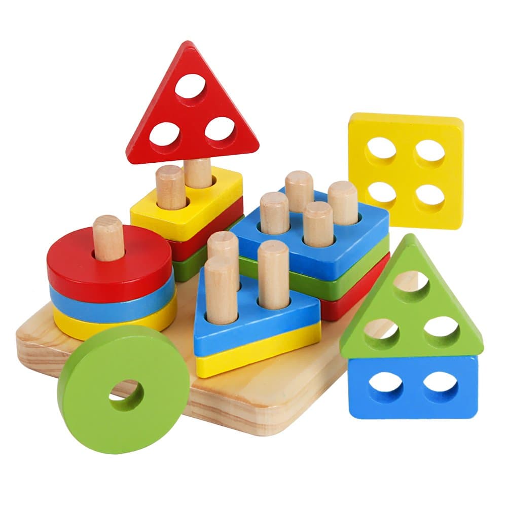 Wooden Educational Stacking Blocks Toys Geometry Shape Sorting Puzzles Board Games for Preschool Kids Toddlers