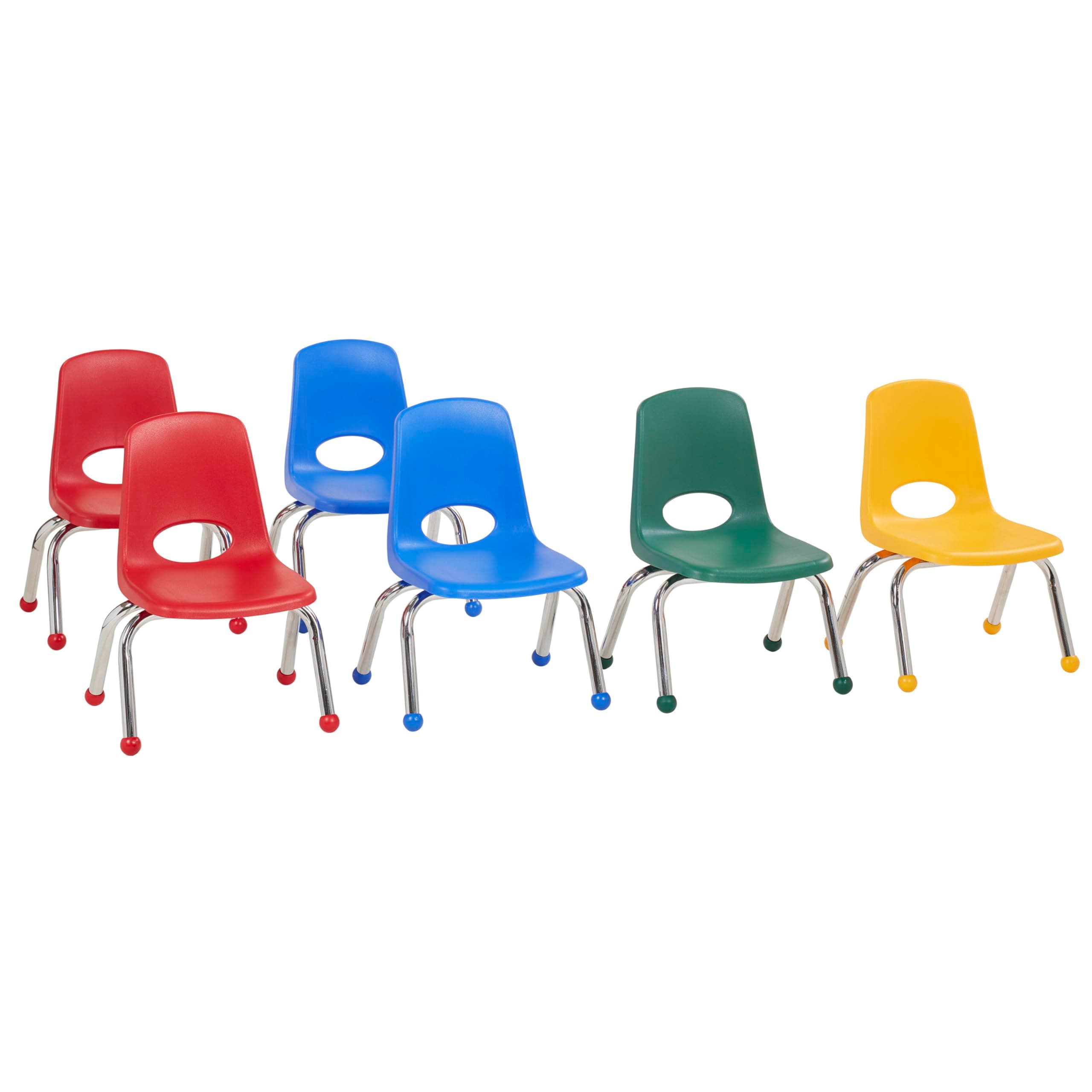 FDP 10" School Stack Chair, Stacking Student Chairs with Chromed Steel Legs and Ball Glides - Assorted Colors (6-Pack), 10357-AS