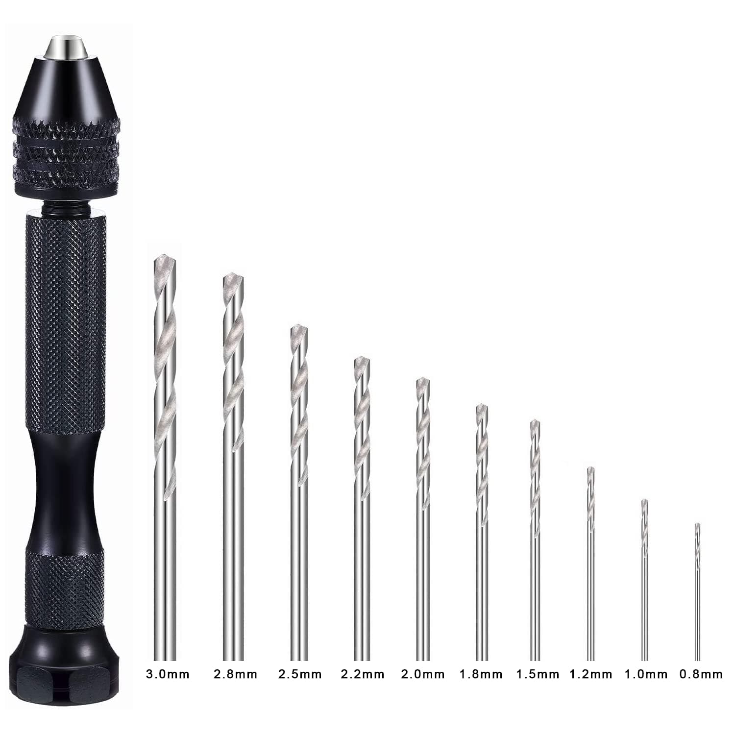 Professional Pin Vise Hand Drill Bits, Mini Twist Drill Bits Set (0.8-3.0 mm), Precision Hand Drill Bits Rotary Tools Set of 11, for Metal Wood, Manual Work DIY, Jewelry, Assembling, Model Making