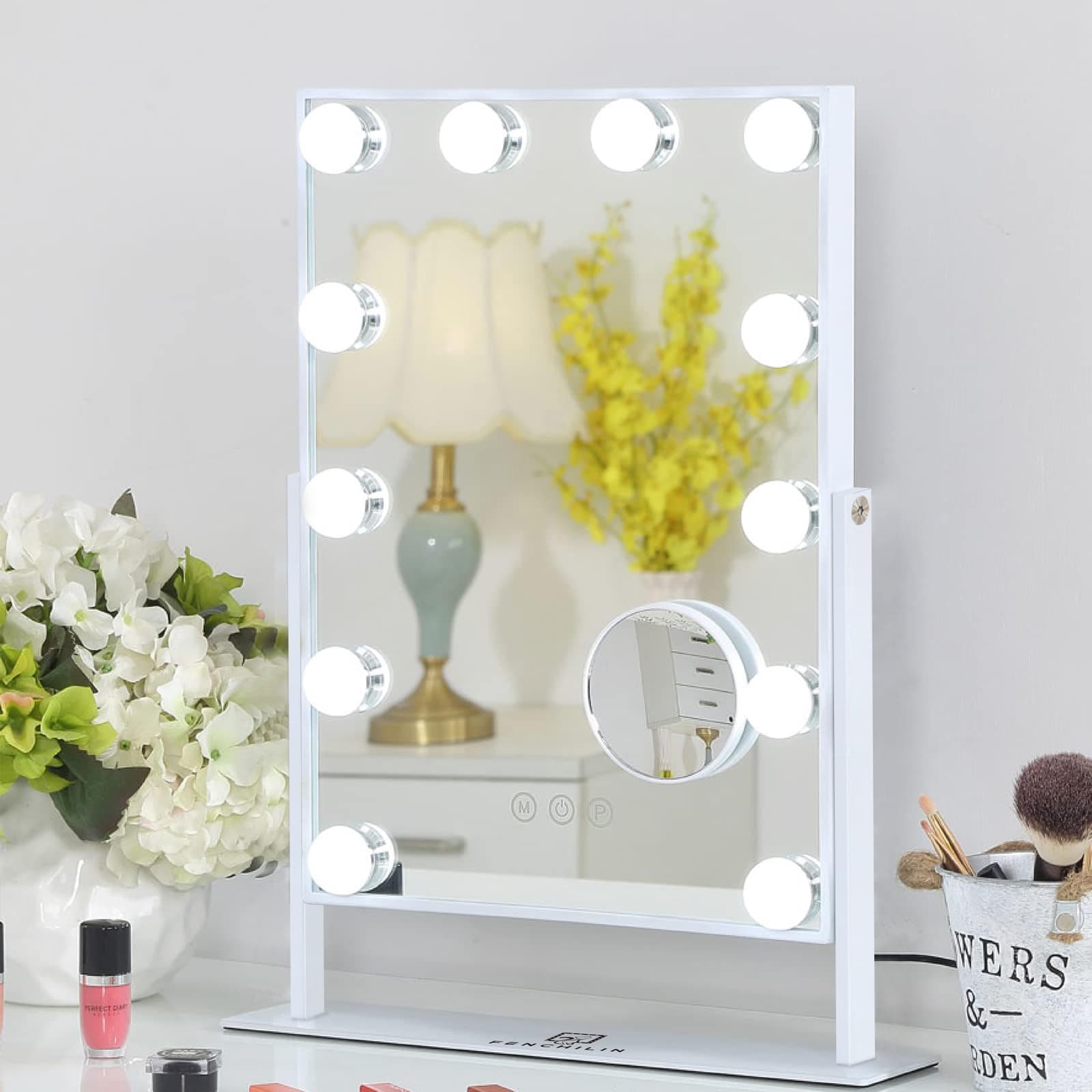 FENCHILIN Vanity Mirror with Lights, 19''x12'' Makeup Hollywood Mirror for Desk with 12 Bulbs Light Smart Touch Control 3 Colors Dimmable Light Detachable 10X Magnification 360°Rotation