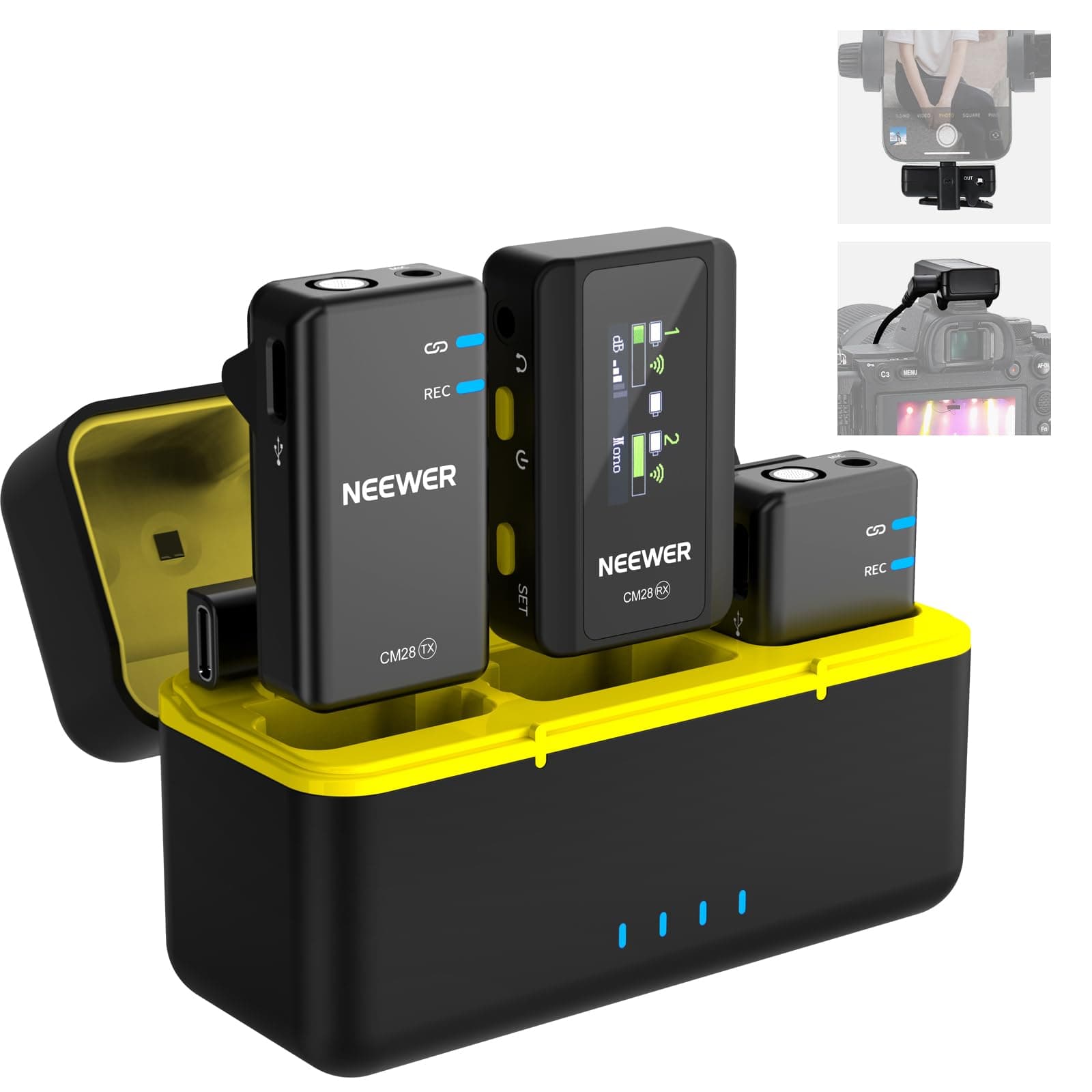 NEEWER CM28 (1 RX + 2 TX + Charging Case), Wireless Lavalier Microphone, Smart Noise Cancelling, 48KHz/16Bit 9 Hrs Uncompressed Recording, 656ft/200m Range, Lav Mic for iPhone, Android, Camera