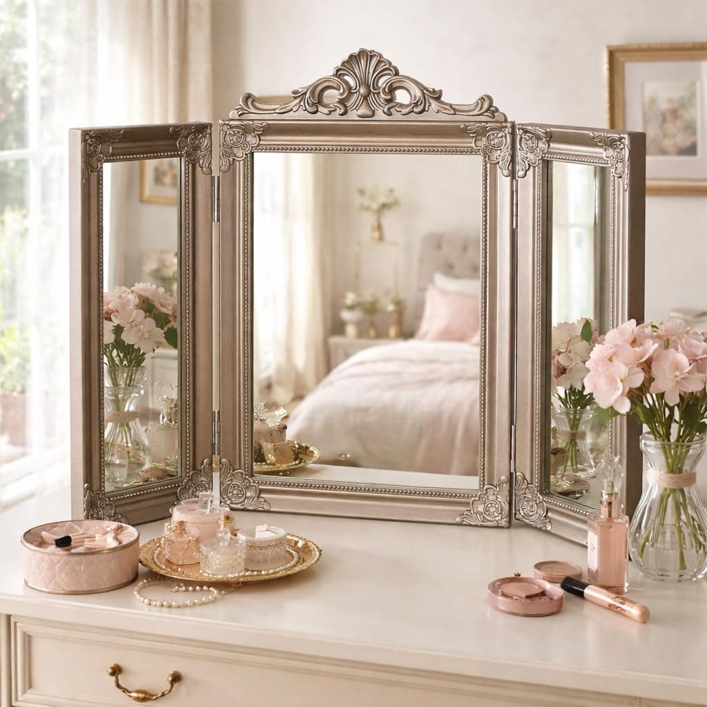 HomeZone Antique Mirror, Gold Dressing Table Mirror, Table Rustic Vanity Mirror Ornate Shabby Chic Make Up Styling Bedroom Folding Mirror