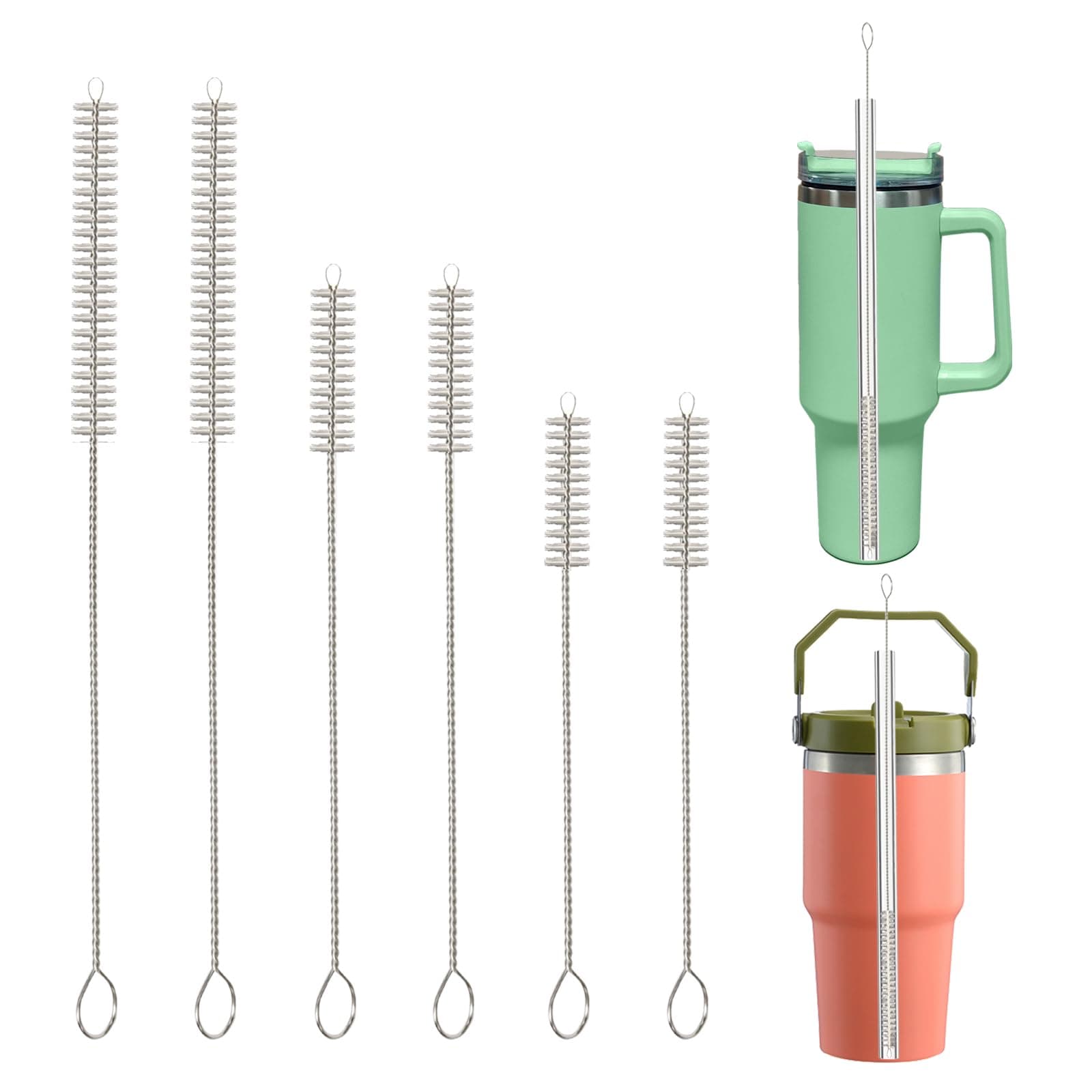 6Pcs Straw Cleaner Brush, 3-Size Extra Long Drinking Straw Cleaning Brush for Stanley Mug 40oz 30oz 20oz 14oz, 10mm Wide Straw Cleaner Brush for Water Bottle, Glass Silicone Metal Straws and Tubes