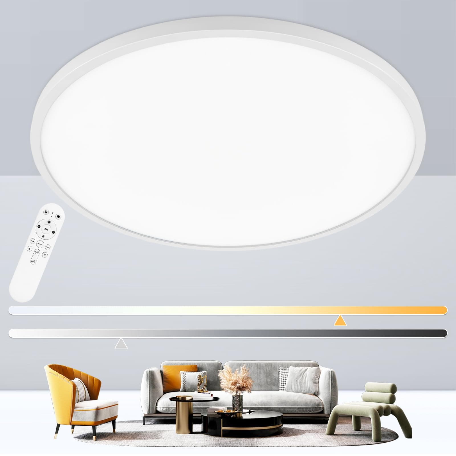 20 Inch Large Flush Mount Ceiling Light Fixture, Dimmable with Remote Control, White, Ultra Thin, 48W 4800Lumen, for Bedroom, Living Room, Kitchen, Dining Room, Home Office