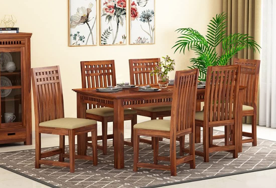 Solid Sheesham Wood Rectangle Dining Table 6 Seater | Six Seater Dinning Table with 6 Cushioned Chairs for Home | Honey Finish