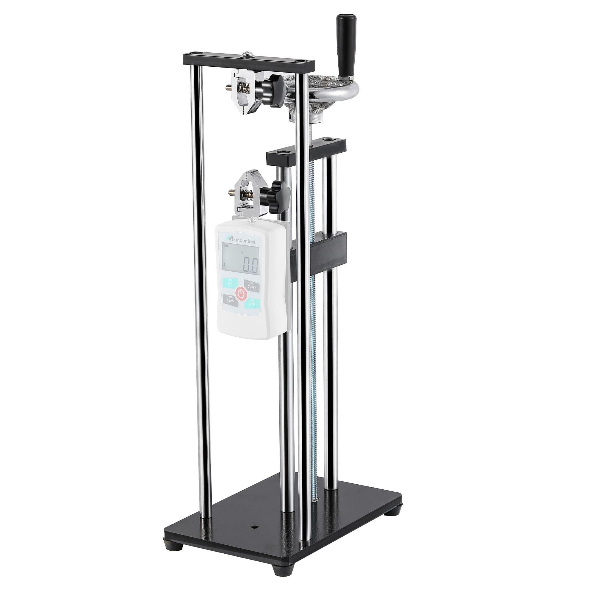 Force Gauge Stand Manual Force Test Stand Push Pull Gauge, Hand Wheel Operated, with 250mm/9.8’’ Stroke, 2 Pcs Testing Clamp, for Compression and Tension Testing (for ZMF Force Gauge)