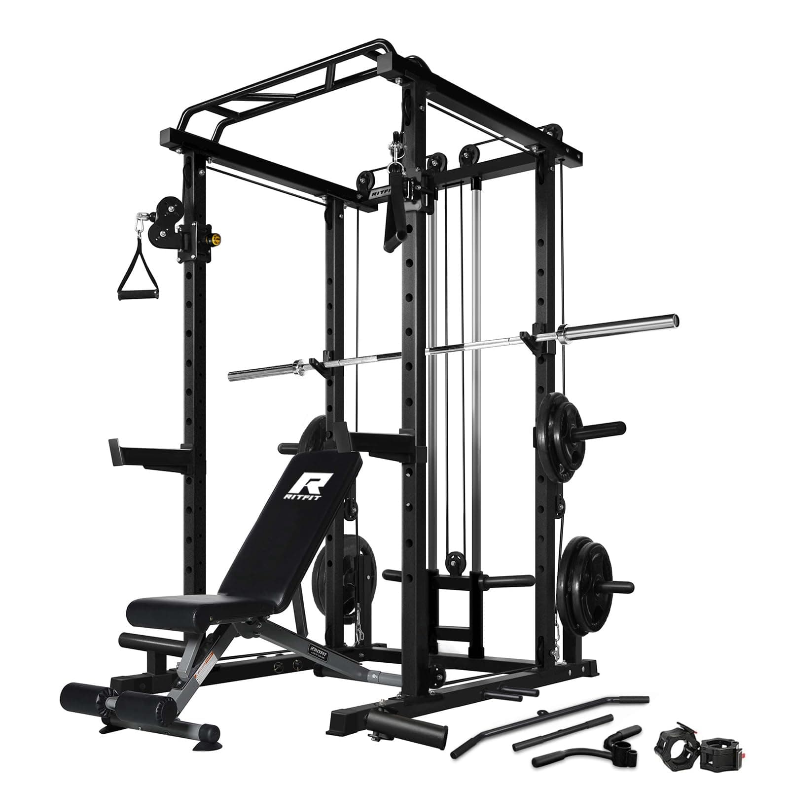 RitFit Power Cage with Optional LAT PullDown/Cable Crossover, 1000LB Squat Rack for Home & Garage Gym, with Weight Storage Rack and More Training Attachments, ASTM-Certified