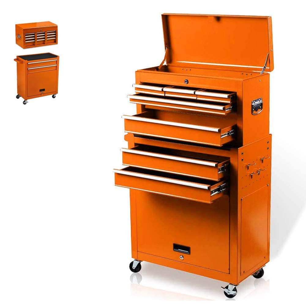 8-Drawer Rolling Tool Box, Rolling Tool Chest with Drawers and Wheels, Tool Storage Cabinet with 4 Swivel Wheels (2Pcs with Brake), Keyed Locking System Tool Organizer (Orange)