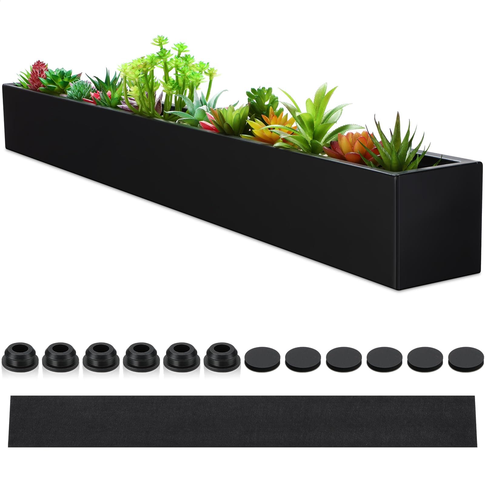 1 Pcs Long Rectangular Planter Box Window Sill Plant Box Metal Water Trough Indoor Large Modern Steel with Drainage Holes Herb Garden Home (32 x 3.5 x 3.5 Inch,Black)