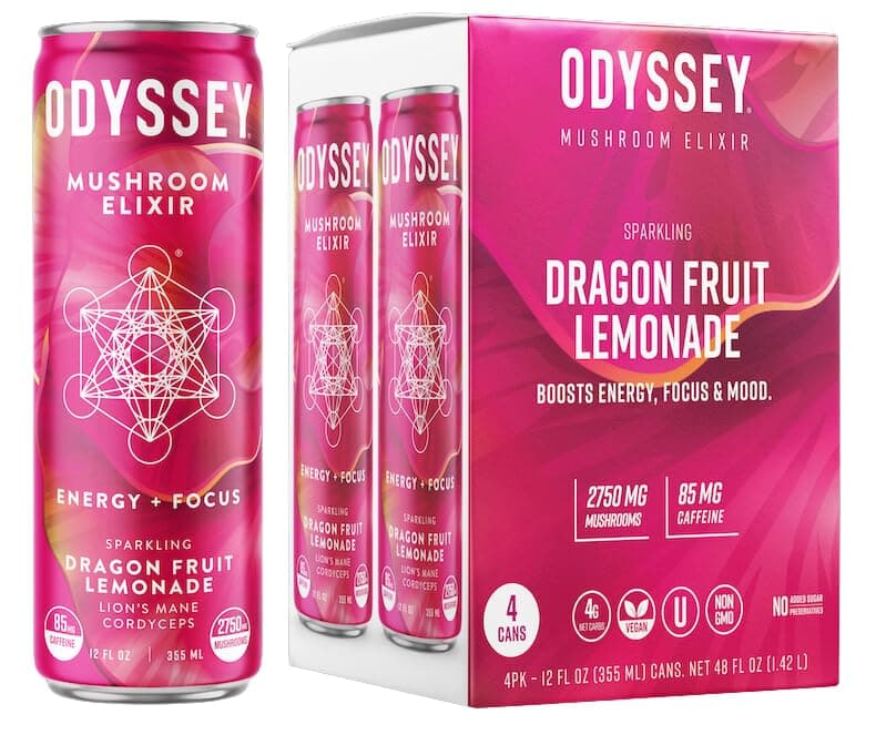 Odyssey Elixir Sparkling Adaptogen Drink, Low Calorie Drinks with L Theanine, Lions Mane, Cordyceps and Green Tea Caffeine for Energy and Focus, Non-GMO, Vegan,12 Fl oz, 4 Pack (Dragon Fruit Lemonade)