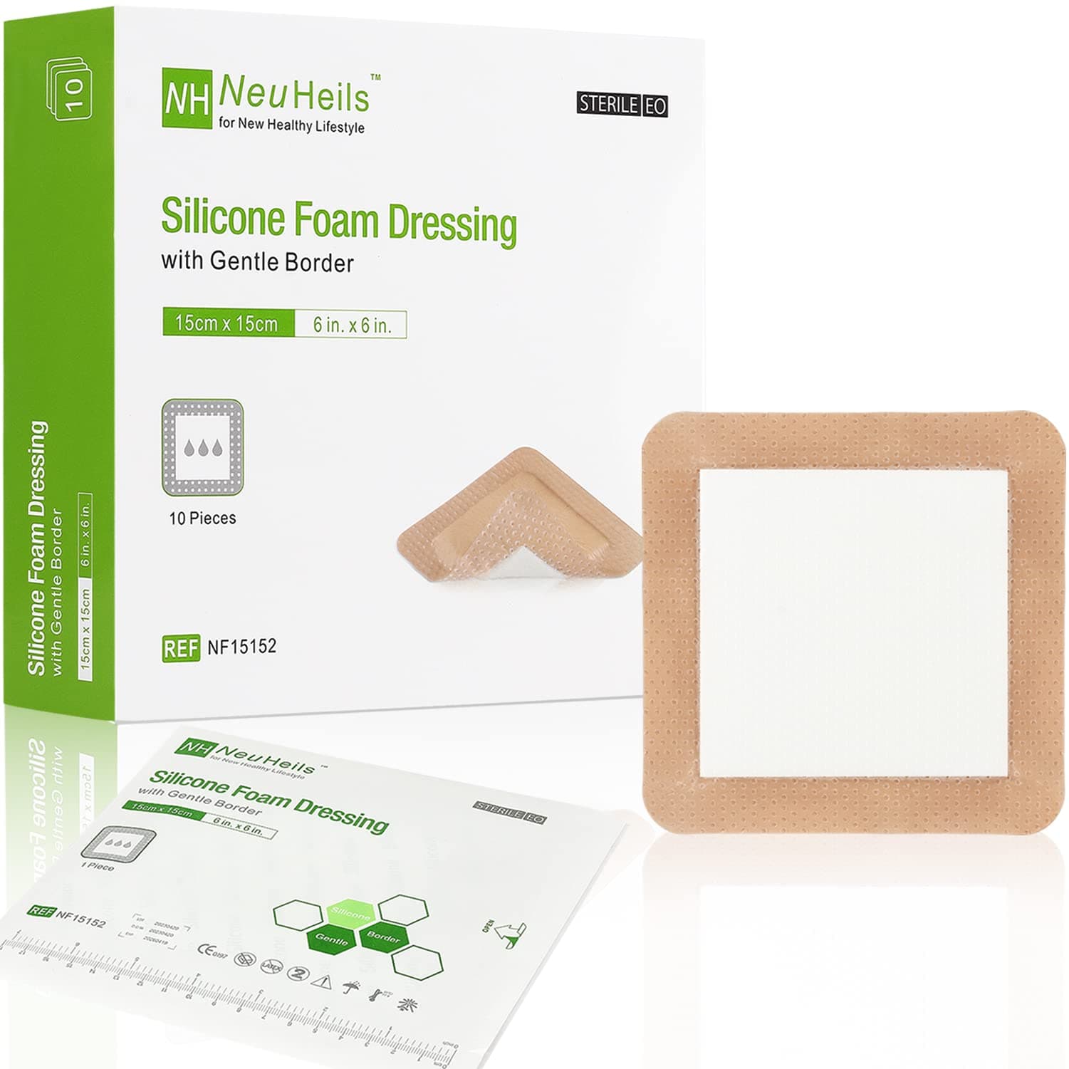 Silicone Adhesive Foam Dressing with Gentle Border 6''x6'', 10 Packs for Bed Sore Leg Ulcer, High Absorbency Waterproof Silicone Wound Bandages by NeuHeils