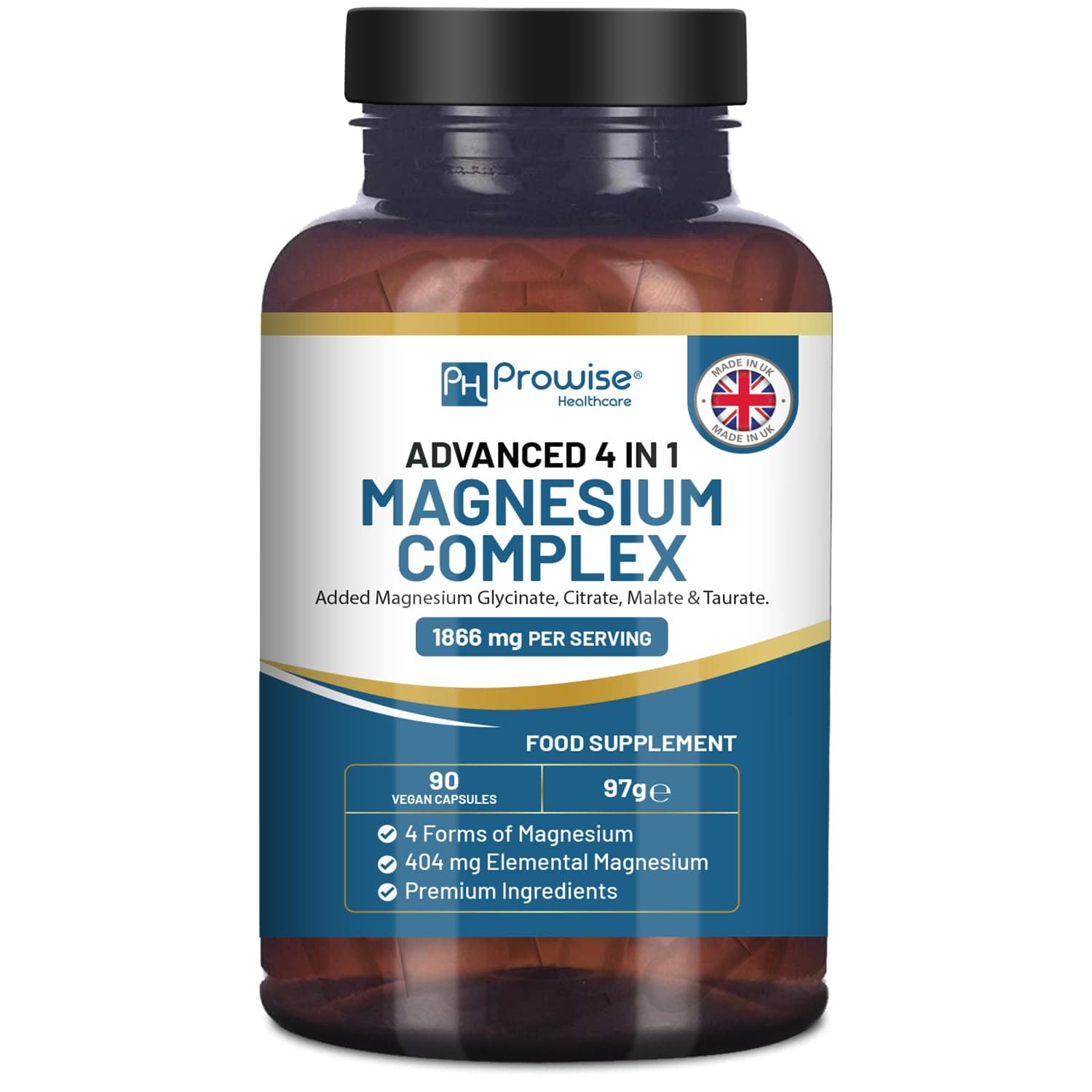 Magnesium Glycinate Complex 4 in 1-1866mg per Serving | Precise 404mg Elemental Magnesium dose | Added Magnesium Glycinate, Citrate, Malate & Taurate | 90 Vegan Capsules - by Prowise