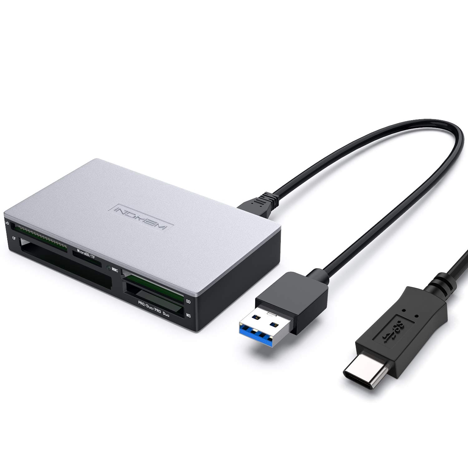 INDMEM SD Card Reader USB C OTG Memory Card Reader USB 3.0 Multi-in-1 Memory Card Adapter Hub 5Gbps Read 5 Cards Simultaneously For CF, Micro SDXC, Micro SD, SDHC, MMC, RS-MMC, MS, TF, xD Picture Card