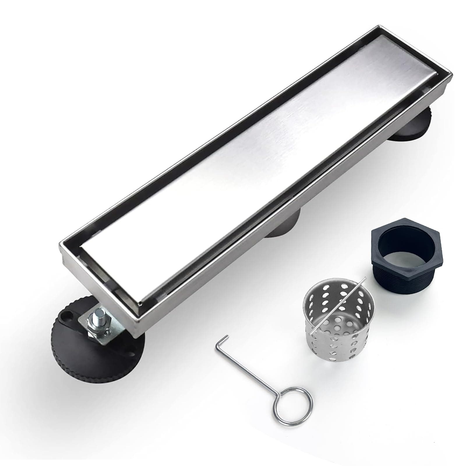 Linear Shower Drain, 12 inch Drain with Tile Insert 2-in-1 Panel, Brushed 304 Stainless Steel Shower Floor Drain, Linear Drain with Hair Strainer and Adjustable Feet