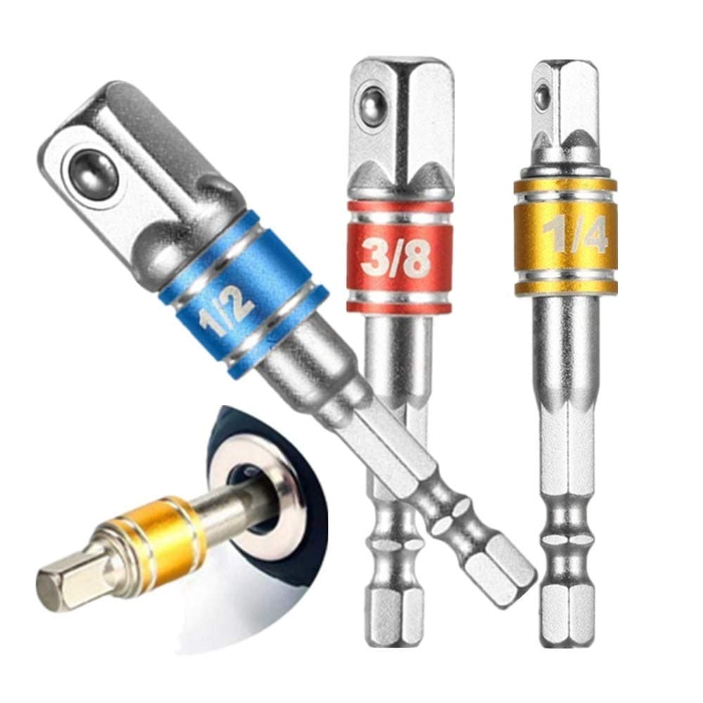 Power Hand Tools Impact Grade Driver Sockets Adapter Extension Set(1/4" 3/8" 1/2", Cr-V, 3-Pcs),1/4-Inch Hex Shank to Drive for Adapters to Use with Drill Chucks,Universal Socket Wrench Adapter Set