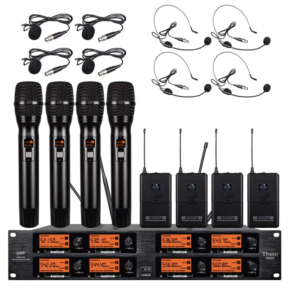 Frequency B Wireless Microphone System 8 Channel Microphone UHF 4 Handheld Mic 4 Headset 4 Lavalier Bodypack 4 Lapel Mic Pro Audio Karaoke System Church Speaking Conference Wedding Party Orange