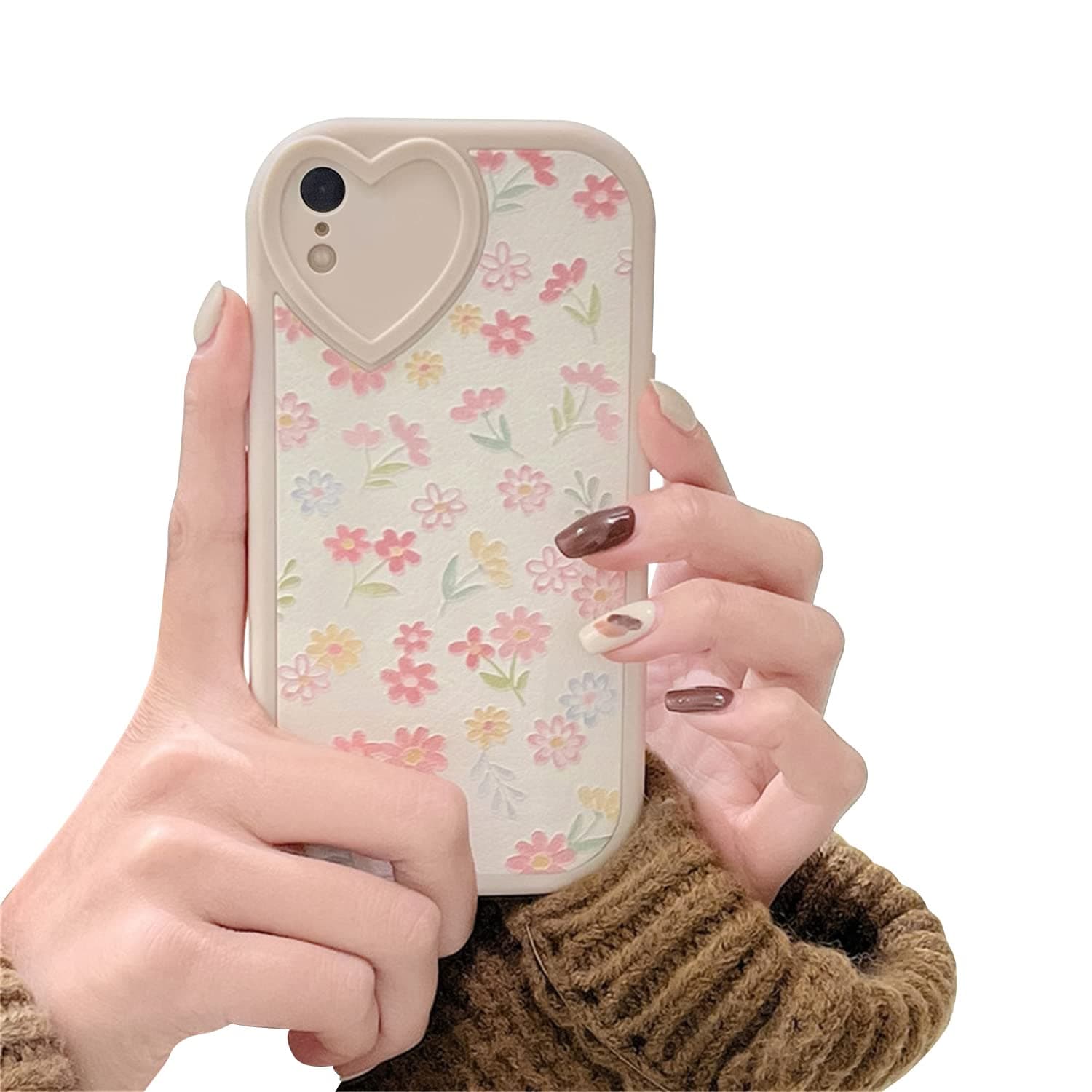 Ownest Compatible with iPhone XR Case with Cute Flowers Floral Pattern for Women Girls Soft Silicone Love Lens Protection Case for iPhone XR -White