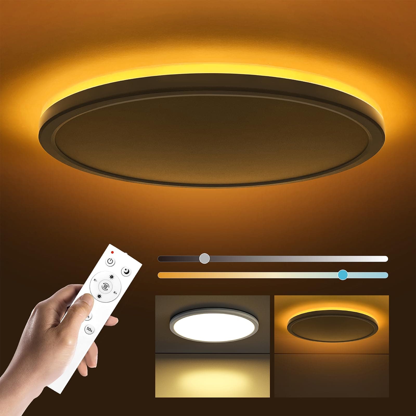 12in LED Flush Mount Ceiling Light Fixture with Remote Control, Nightlight 2000K Warm, 3000K-6500K Adjustable, Wired Low Profile Ceiling Lights for Bedroom, Kitchen, Living Room, White
